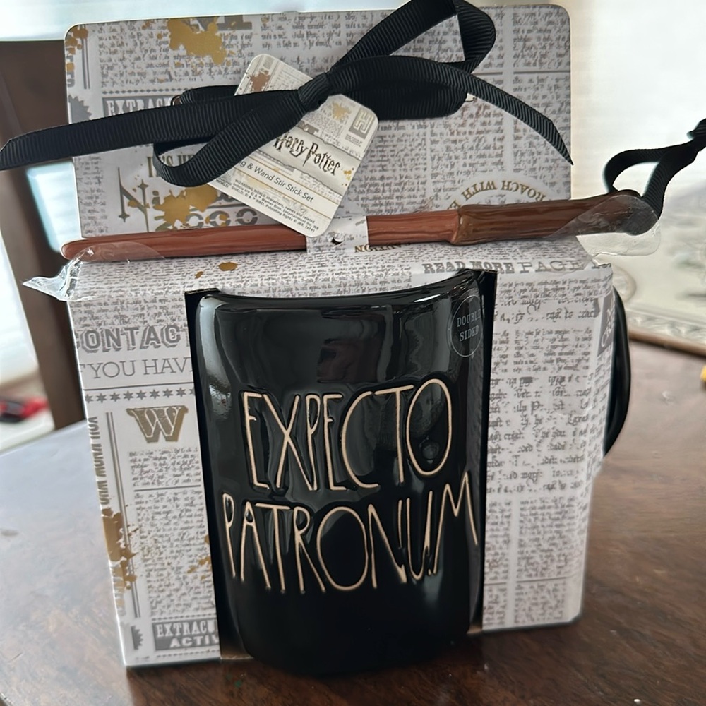 Rae Dunn Expecto Patronum mug with stirring wand, new in box.